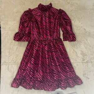 Batsheva No Size Tag Pink Zebra Animal Print Ruffled Sleeves Midi Dress